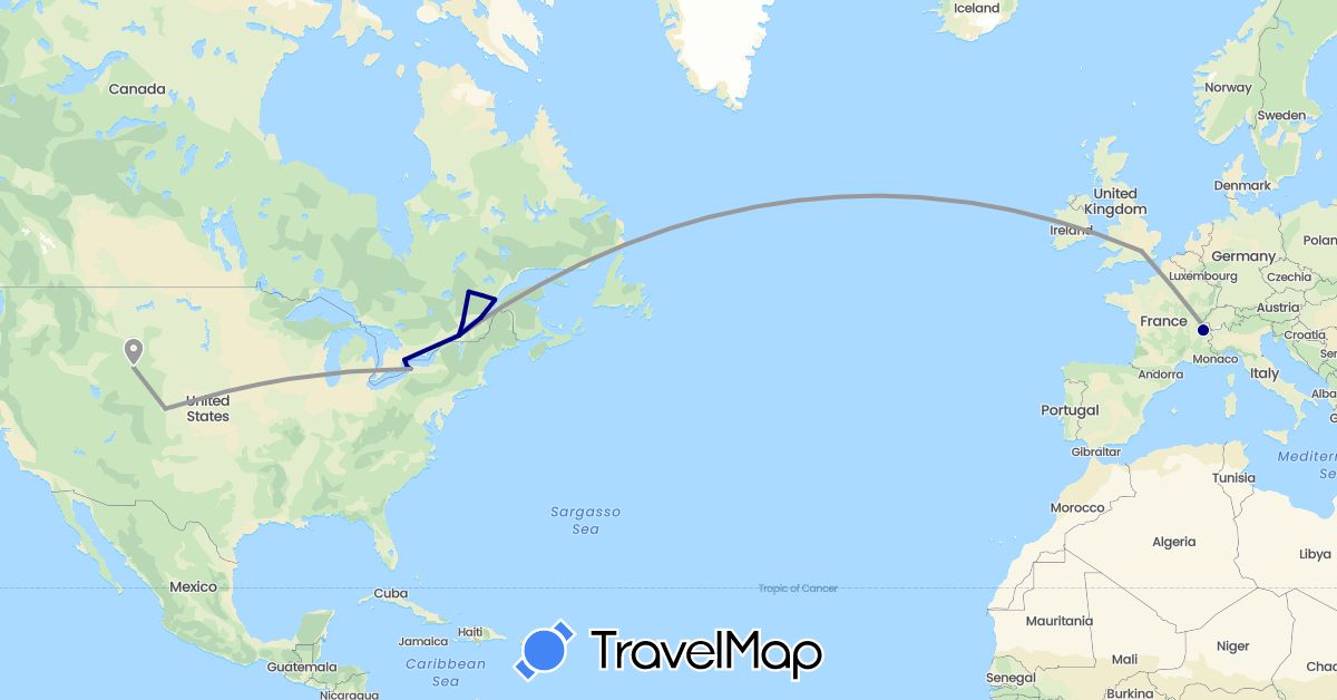 TravelMap itinerary: driving, plane in Canada, Switzerland, France, United Kingdom, United States (Europe, North America)