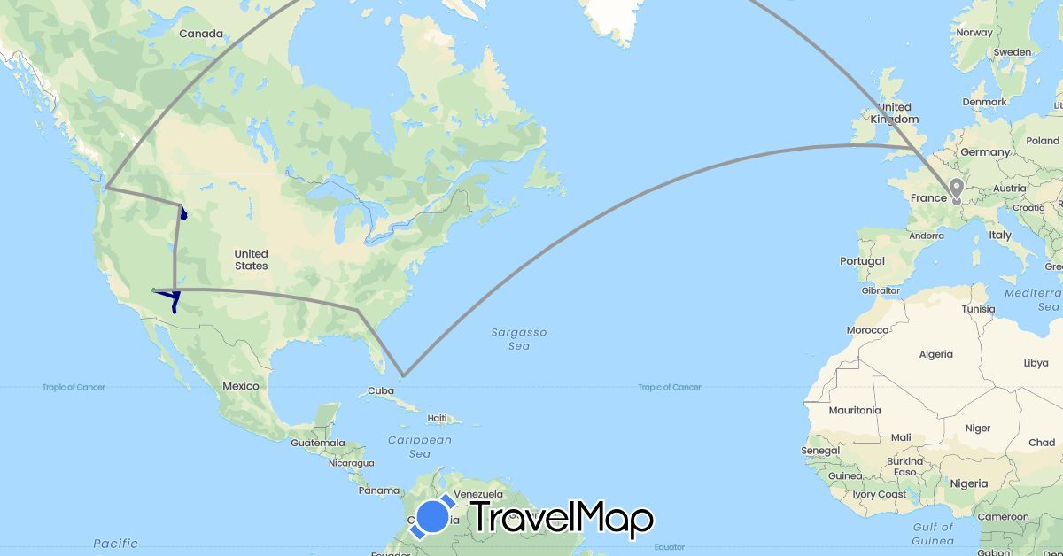TravelMap itinerary: driving, bus, plane, hiking in Bahamas, Switzerland, United Kingdom, United States (Europe, North America)