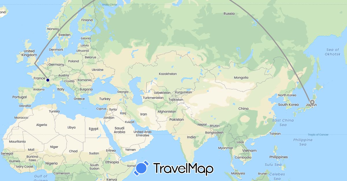 TravelMap itinerary: driving, plane in Switzerland, France, United Kingdom, Japan (Asia, Europe)